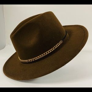 NWT brown felt fedora with gold chain band
